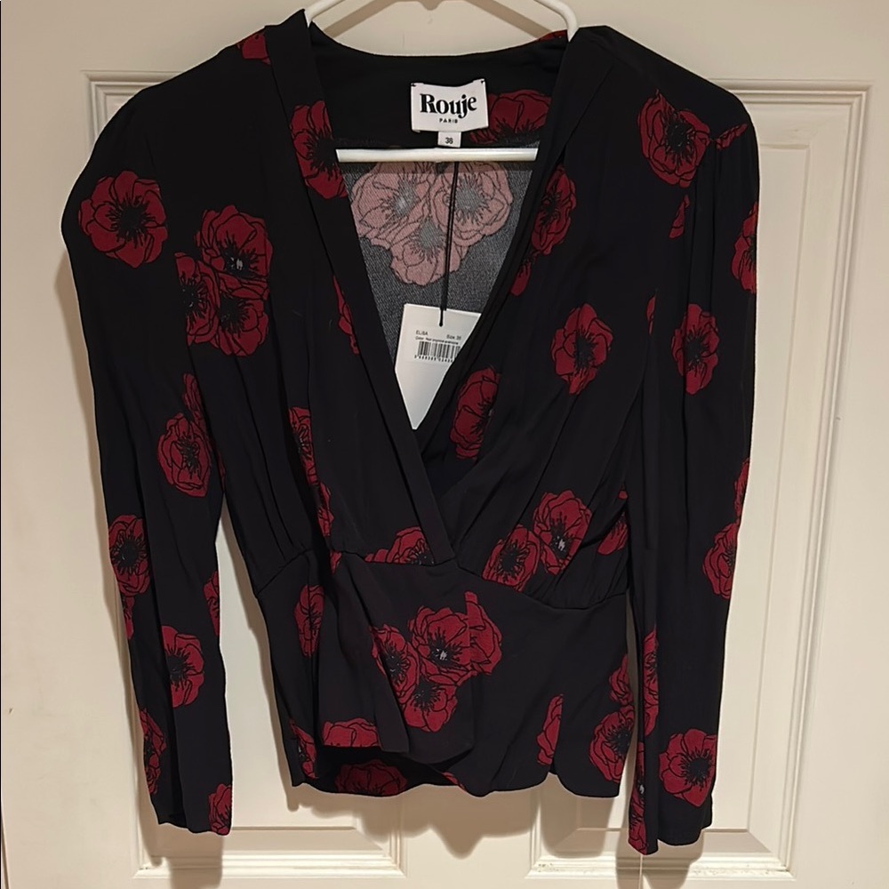 Rouje Black with red floral women’s front snap blouse.